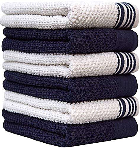 Kitchen Towels (16”x 28”, 6 Pack) – Large Cotton Kitchen Hand Towels – Weft Insert Design – 380 GSM Highly Absorbent Tea Towels Set with Hanging Loop (Navy Blue) 5