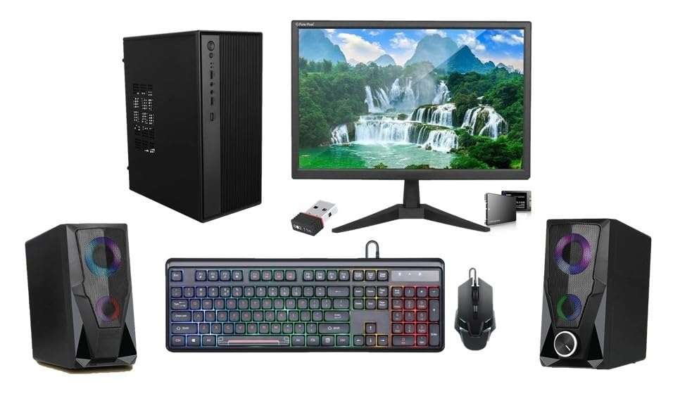MegaDesk Gaming Desktop Computer Set, Core i3 4100, 16GB RAM, 500GB SSD, 19-inch HD LED Monitor, RGB Keyboard Mouse, RGB Speaker, Windows 10, Wi-Fi, (16-500GB)