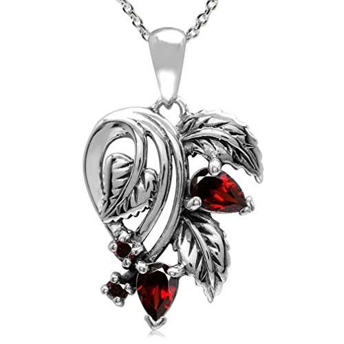Silvershake 1.16ct. Natural Garnet 925 Sterling Silver Leaf Vintage Style Pendant with 18 Inch Chain Necklace