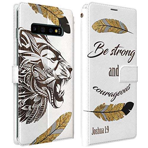 Mertak Wallet Case Compatible with Samsung Galaxy Note 20 Ultra S21 Plus S20 A70 S10 Flip Folio Bible Verse Slim Magnetic PU Leather Quote Lightweight Card Holder Be Strong and Courageous Lion 1