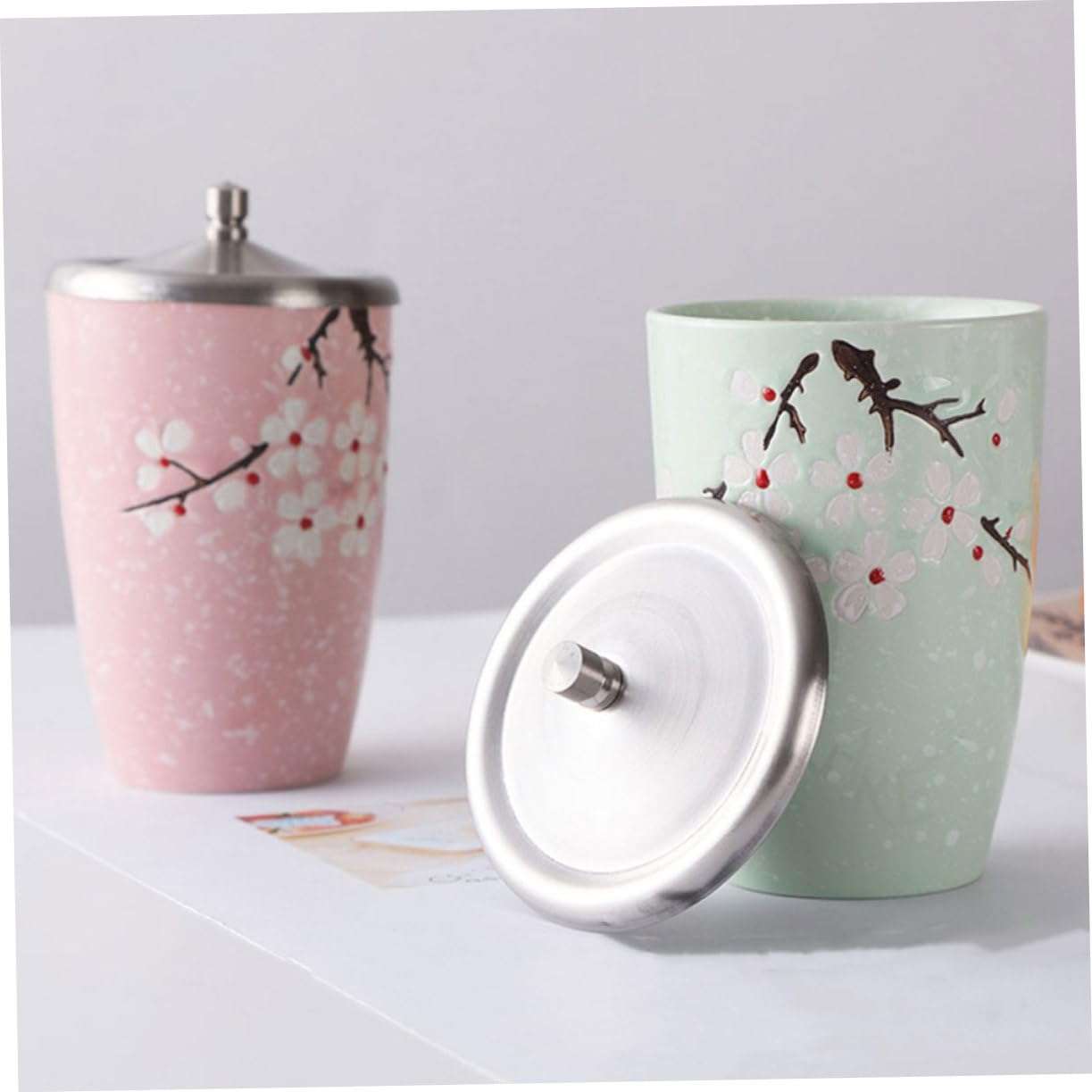 LALADEFIEE Cup Covers Beverage Dispenser Lid Tiny Handle Stainless Steel Round Cup Lid 5