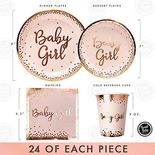 Sweet Baby Co. Baby Shower Plates and Napkins Girl for 24 With Rose Gold Pink Paper Plates, Dessert Plate, Napkins, Disposable Cups for Tea Party Supplies or Floral Decorations or Girls Birthday Set 2