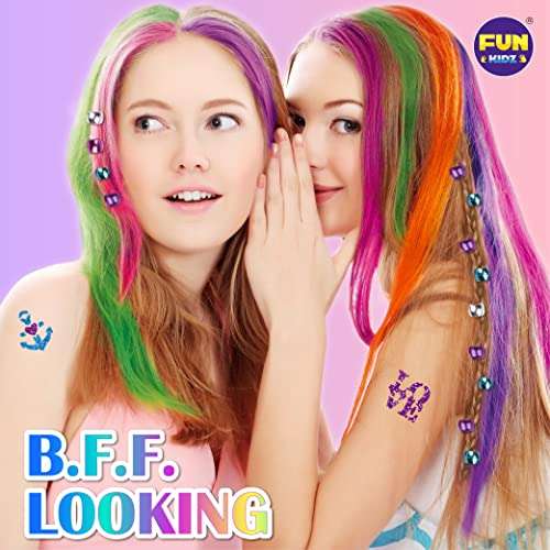 Glitter Tattoo And Hair Color Combo Kit for Girls, Funkidz 6 Colors Hair Chalk Pens Glitter Tattoo Set Hair Beads Tool Kit Gift for Girls Of Ages 8 And Up Washable Colors for Kids Cosplayer Parties 3