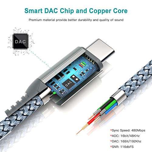 USB C Headphone Adapter, USB Type C to 3.5mm Audio Adapter Durable Braided Aux Converter DAC Stereo Connector Earphone Speaker Adapter for iPad Mini 2021 iPad Pro Galaxy S21 S20+ FE Ultra Google Grey 2