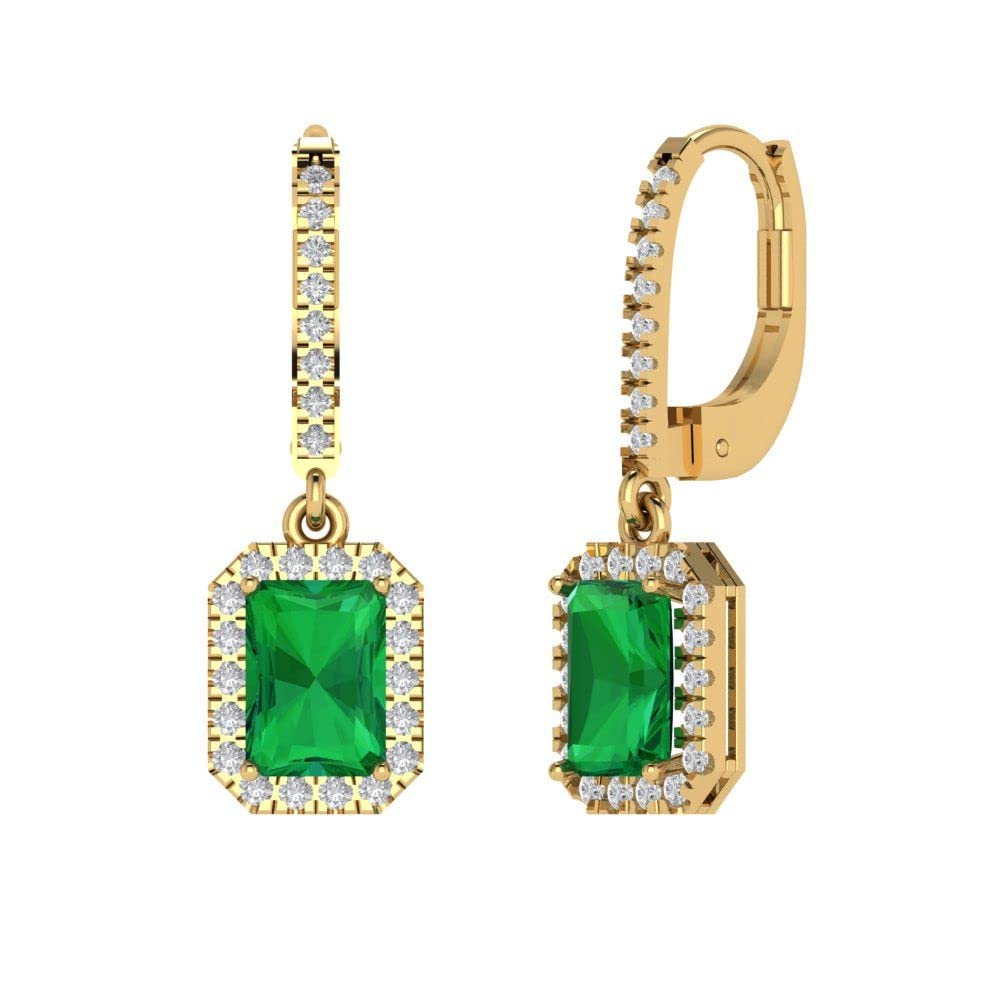 Clara Pucci 5.8 Carat Brilliant Emerald Cut Halo Drop Dangle Simulated Emerald 14k Yellow Gold Designer Earrings Lever Back