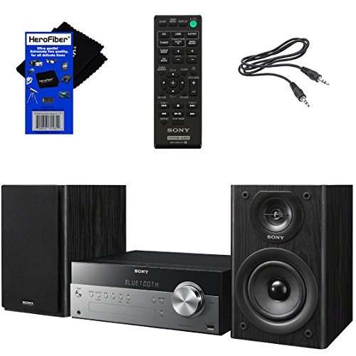 Sony All-in-one Stylish Micro Music Hi-Fi Bookshelf Stereo System for Home with Bluetooth, USB, CD Player & AM/FM Radio + Bundle with Remote + Aux Cable + HeroFiber Cloth, Compatible with Sony System 1