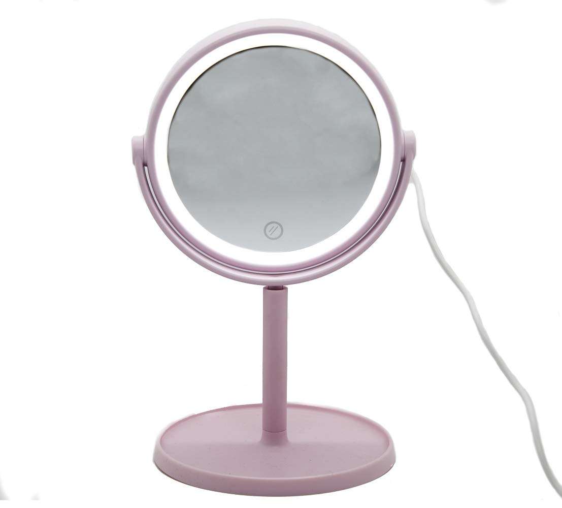 GeekGoodies Round Led Mirror For Makeup with Adjustable Light and Cosmetic Organizer Tray, USB Charging/Battery operated, Makeup Vanity for Desk or Tabletop Portable for Travel-Pink 4