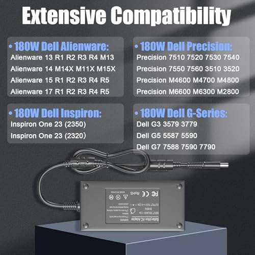 180W Laptop Charger Compatible with Dell Inspiron One 2350 2320 Precision 15 17 7560 7510 7520 7530 7550 3530 7710 7730 5530 M4600 M4700 M4800 G7 G5 G3 7577 5515 Game Computer Power Adapter DA180PM111 3