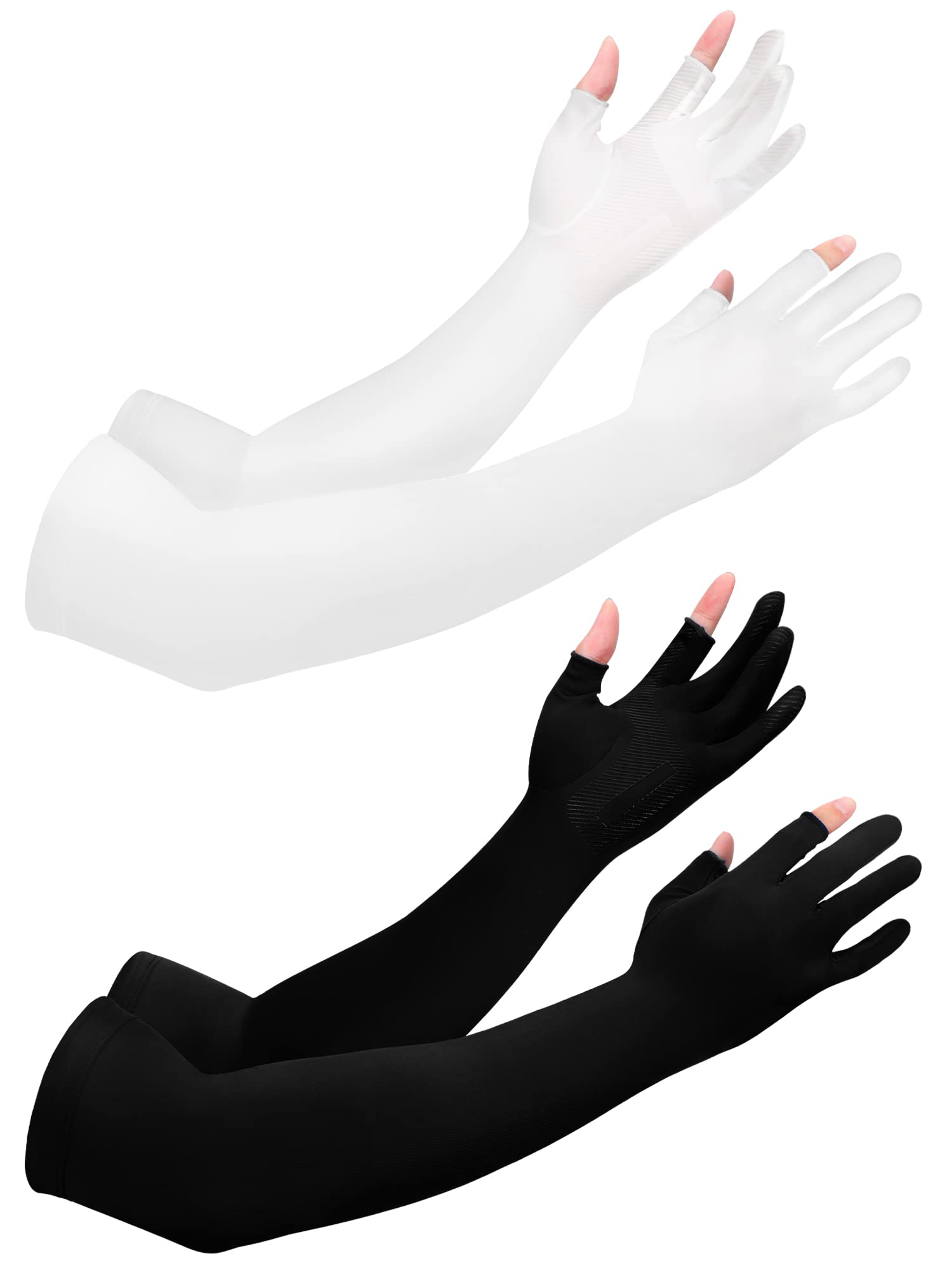 Bencailor 2 Pairs Sun Sleeves for Men Women with 2 Finger Holes Anti Slip Long Cooling Arm UV Protective Sleeves(Black, White) 1
