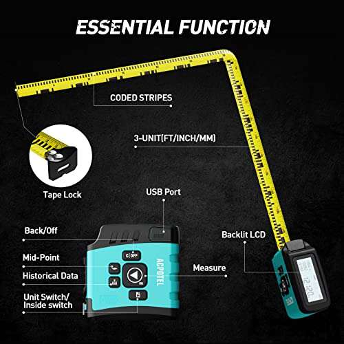 2-in-1 Digital Tape Measure - Ft/Ft+in/in/M 16Ft Tape Measure, Backlit Display USB Rechargeable Tape Measure with Display, 20 Groups Historical Memory ACPOTEL (Blue) 6