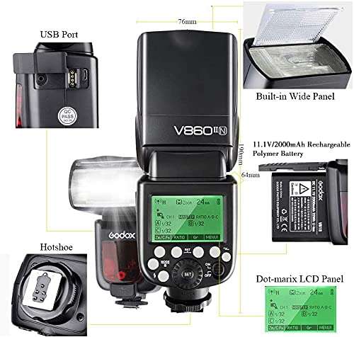 GODOX V860II-N TTL Flash 1/8000s High-Speed Sync GN60 Camera Flash Speedlight with Rechargeable Battery 1.5S Recycle Time 650 Full Power Flashes for Nikon D3400 D3200 D5300 D5600 D750 (V860II-N) 2