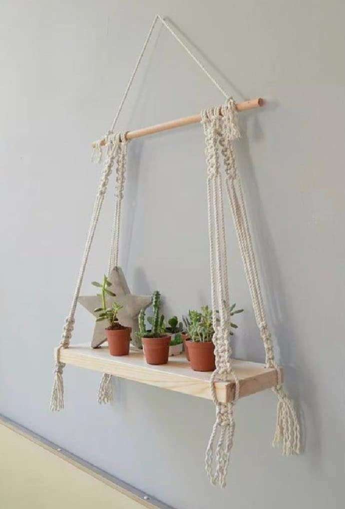 Kevadia Macrame Wall Hanging Shelf Wood Floating Boho Shelves with Wooden Dowel Modern Chic Hand Woven Art Decor for Apartment Dorm Bedroom Living-Room Nursery Beige 55 x 43 cm 4