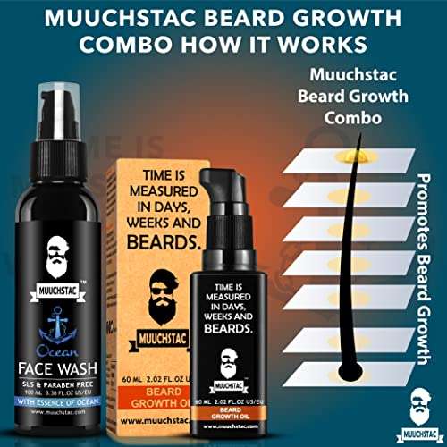 Muuchstac Men's Herbal Beard Growth Oil - 60ml & Refreshing Ocean Face Wash - Fights Acne & Pimple, Skin Whitening & Brightening - 100 ml, Sulphate & Paraben Free 5
