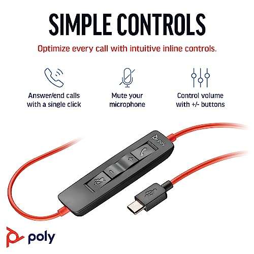 Poly Blackwire 3320 Wired Headset (Plantronics) – Flexible Microphone Boom – Hi-fi Stereo - Connect to PC/Mac via USB-C or USB-A - Works with Teams/Zoom - Amazon Exclusive 3