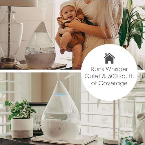 Crane White Drop 4 in 1 Ultrasonic Cool Mist Top Fill Humidifier with Sound Machine, 1 Gallon Tank, For Large Rooms, Clear and White, Baby Nursery Humidifier 3