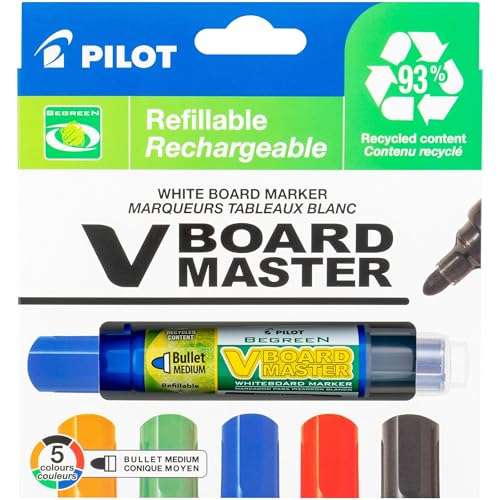 PILOT V Board Master Refillable Dry-Erase Markers, Bullet Tip, Assorted Color Inks, 5 Count 1