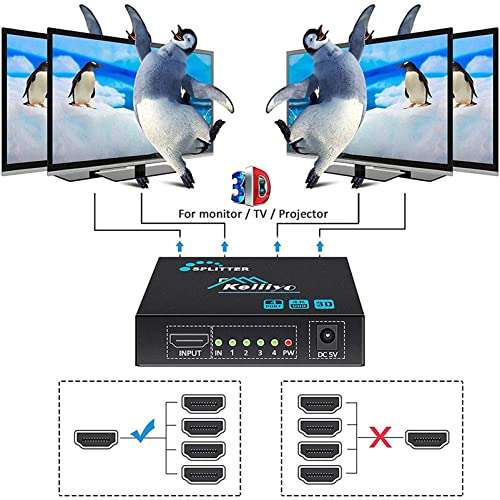 HDMI Splitter 1 in 4 Out - KELIIYO 4K Hdmi Splitter 1x4 Ports Powered HDMI Splitter Supports 3D 4K@30HZ Full HD1080P for Xbox PS4 PS3 Fire Stick Roku Blu-Ray Player HDTV (1 Input 4 Output) 3