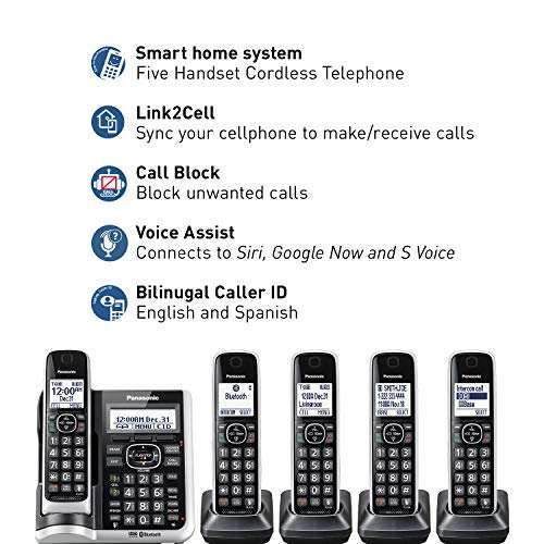Panasonic Link2Cell Bluetooth Cordless Phone System with HD Audio, Voice Assistant, Smart Call Block and Answering Machine, Expandable Cordless System - 5 Handsets - KX-TGF675S (Black/Silver Trim) 3