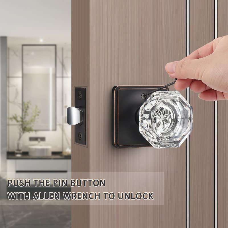 KNOBWELL 5 Pack Privacy Glass Door Knobs Interior Oil Rubbed Bronze, Keyless Door Knob with Lock Bedroom, Octagon Indoor Door Knob Set 3