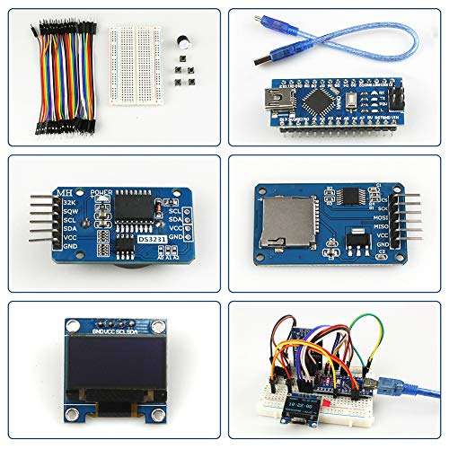 WayinTop Real Time Clock Kit with Tutorial for Arduino, DS3231 AT24C32 Clock Module + Micro SD Card Driver + Nano V3.0 Development Board + OLED 128X64 Display + Buzzer + Breadboard Jumper Wires 6
