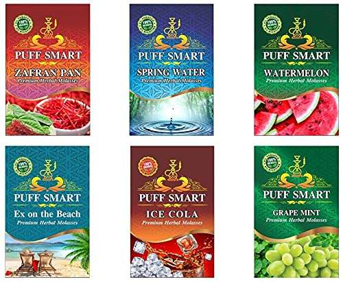 PUFF SMART Herbal Hookah Molasses (100% Nicotine and Tobacco Free) Zafran Pan, Spring Water, Watermelon, Ex on The Beach, Ice Cola, Grape Mint Hookah Flavor (Pack of 6) 1
