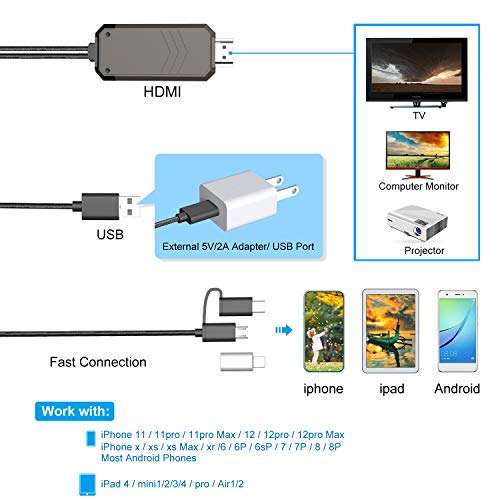 Yasolote 3 in 1 Phone to HDMI Cable, HDMI Adapter Cord Compatible with TV/Projector/Monitor, 1080P Av Convertor for iPhone, iPad Air, Mini, Pro, iPod Touch, Plug and Play 2