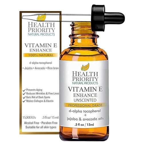 Health Priority Naturals Organic Vitamin E Oil for Skin - 0.5 Fl oz Vitamin E Serum with Jojoba and Avocado Oil - 15000 IU Unscented, Handcrafted for Face and Hair, Non-GMO and No Gluten 1