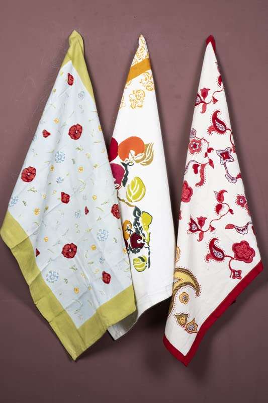 CONTRAST LIVING Sabita Hand Block Printed Kitchen Towel/Dish Towel/Hand Towel Multi Color Set of 3 Pcs 1