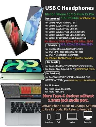 USB C Headphone for iPhone Air 17 Pro Max 16 16e 15 Plus for Samsung S25 S24 S23 FE S22 S21 A17 Galaxy Z Flip Type C Earphone with Mic Control Noise Cancel Wired Earbuds for iPad A16 10 Pixel 7 8 9a 9 5