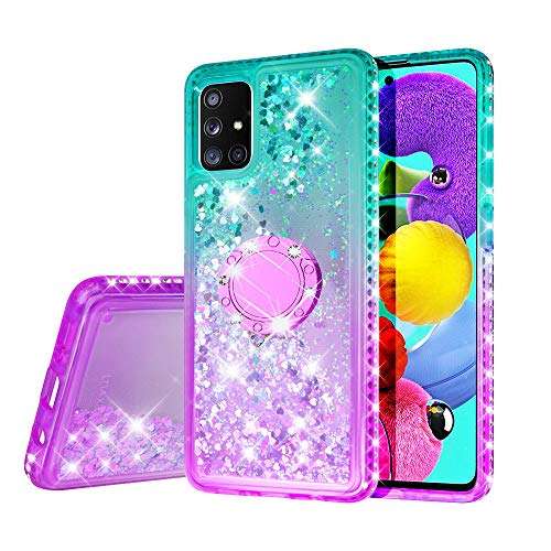 SOGA Rhinestone Liquid Quicksand Cover Cute Girl Phone Case Compatible for Samsung Galaxy A51 Case with Embedded Ring for Magnetic Car Mounts and Lanyard - Purple/Teal 2