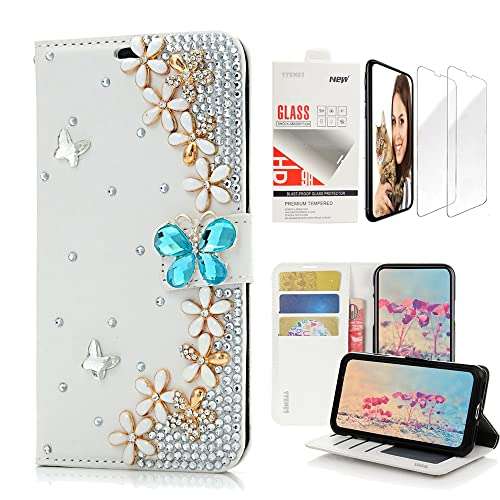 STENES Bling Wallet Case Compatible with Samsung Galaxy S8 Active - Stylish - 3D Handmade Butterfly Flowers Floral Design Leather Case with Wrist Strap & Screen Protector [2 Pack] - Blue 1