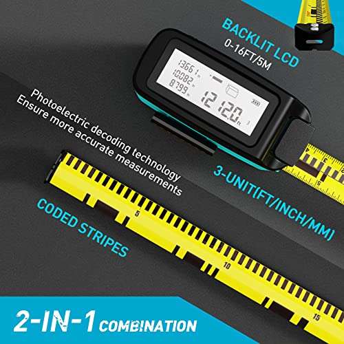2-in-1 Digital Tape Measure - Ft/Ft+in/in/M 16Ft Tape Measure, Backlit Display USB Rechargeable Tape Measure with Display, 20 Groups Historical Memory ACPOTEL (Blue) 2