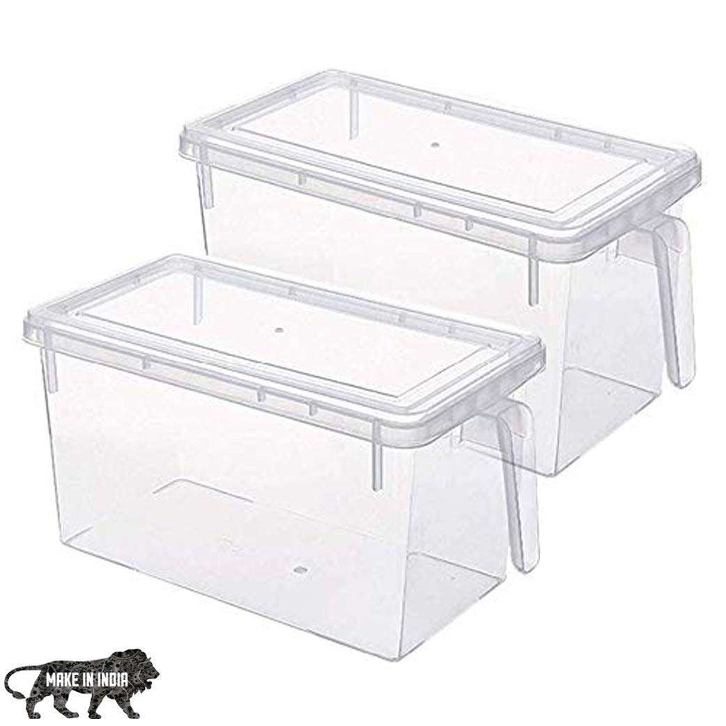 SURBHI MART Fridge Storage Pack of 2 Refrigerator Organizer Container Square Handle Food Storage Organizer Boxes - Clear with Lid 1