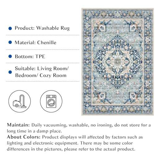 Vamcheer Washable Area Rug 5x7 - Ultra-Thin Classic Chenille Rugs for Living Room Bedroom Dining Room Traditional Carpet for Office Kitchen Non Slip Blue-Green Outdoor Vintage Rug 6