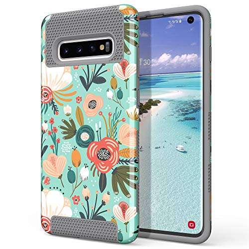 ULAK S10 case, Galaxy S10 case (2019), Stylish Slim Fit Hybrid Dual Layer Protective Flexible Shock Absorbing TPU Bumper Phone Cover for Samsung Galaxy S10 6.1 inch, Mint Floral 1