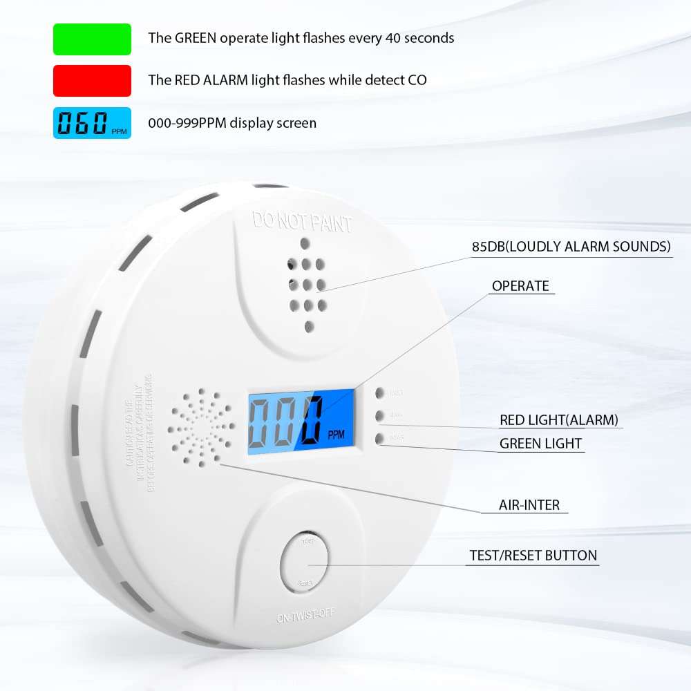 Carbon Monoxide Detector,CO Alarm Detector with Digital Display and Sound Alarm for Home 2pcs 3