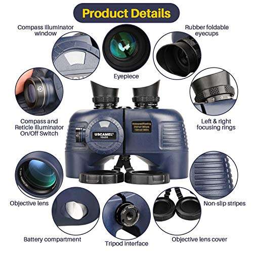 USCAMEL 10x50 Marine Binoculars for Adults, Waterproof Binoculars with Rangefinder Compass Tripod Adapter，BAK4 Prism FMC Lens for Navigation Bird Watching Hunting 2