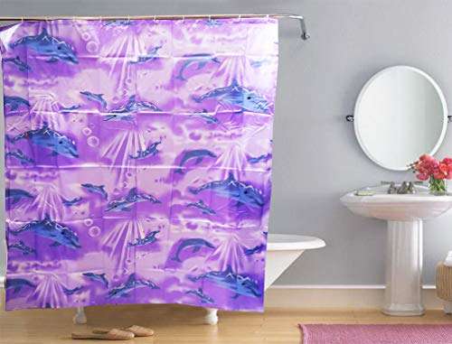 THE HOME TALK Waterproof Shower Curtain, Dolphins Design, 170x200CM, 6X7 FT 8 Rings/Eyelets- Purple 1