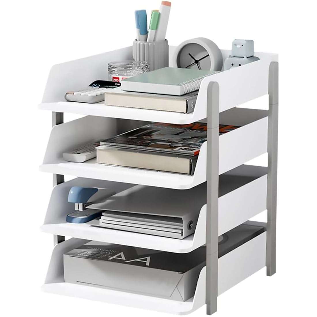 Cortina 4-Tier File Organizer, Premium Polystyrene Desk Rack, Foldable Document Holder with Dividers - Space-Saving Office & Home Paper Storage, Cloth organiser (Grey) 4