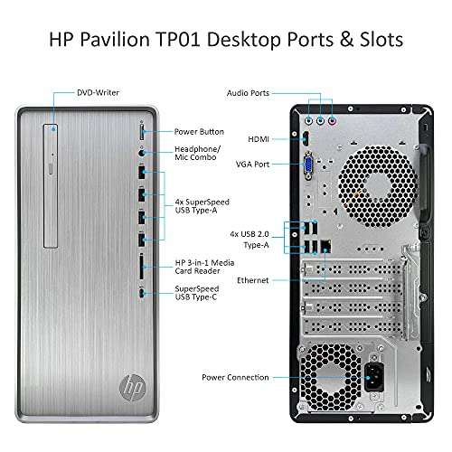 HP Pavilion TP01 Tower Desktop Computer - AMD Ryzen 5 5600G 6-Core up to 4.40 GHz Processor, 16GB DDR4 RAM, 512GB SSD + 12TB HDD, AMD Radeon Graphics, DVD-Writer, Windows 11 Home 6