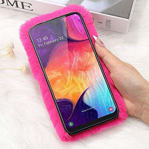 LCHULLE for Samsung Galaxy A70 Plush Case Faux Rabbit Fur Furry Cute Case Winter Warm Soft Lovely Fluffy Cover Shockproof Bumper with Bowknot Glitter Bling Diamond for Samsung Galaxy A70, Rose red 6