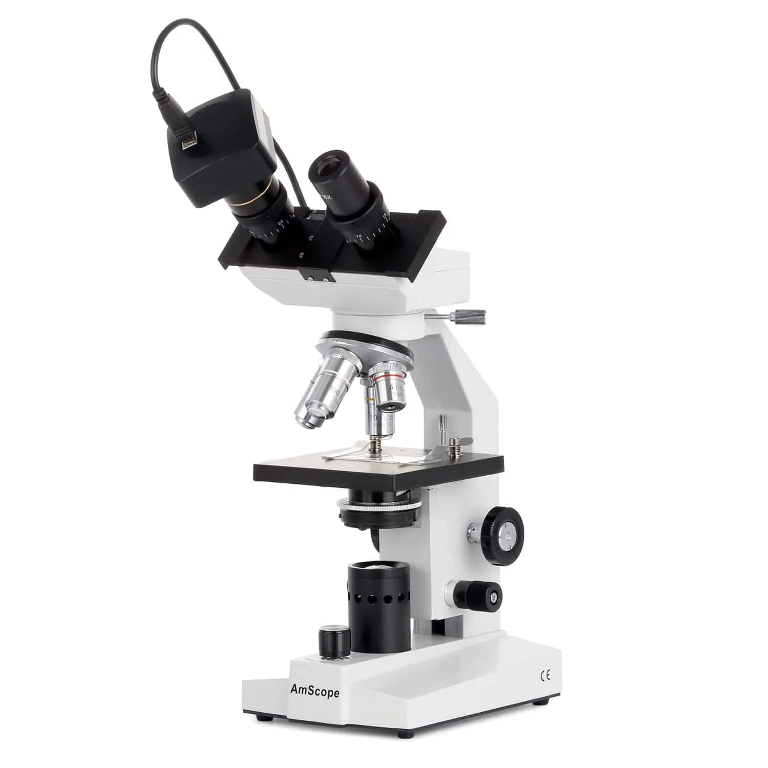 AmScope B100-E 1000X Digital Compound Binocular Microscope, 40X-1000X Magnification, Brightfield, Tungsten Illumination, Abbe Condenser, Plain Stage, Includes 0.3MP Camera and Software 4