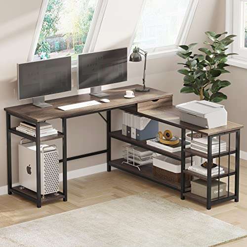 SEDETA L Shaped Computer Desk, 59 Inch Corner Computer Desk with Storage Shelves and Drawer, Study Writing Desk Table Workstation for Home Office, Vintage Walnut 1