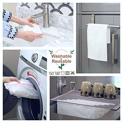 Anjia® Original Reusable Bamboo Rayon Towels - 50 Sheets, A Wash Bag Included - Great as Kitchen Paper Towel, Facial Washcloth, Napkins, Cleaning Cloth and Dish Rags - Replacement of Paper Towels Bulk 5
