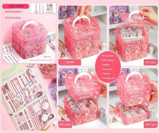 BLUEJELI Washi Tape Set for Designer Decorative Tapes, Washi Tape Gift Packing Tape Masking Tapes with 20 Pcs Kawaii Stickers, Tweezer, Pen and Spatula in Layer Box, Tapes for Art and Craft (PINK) 3
