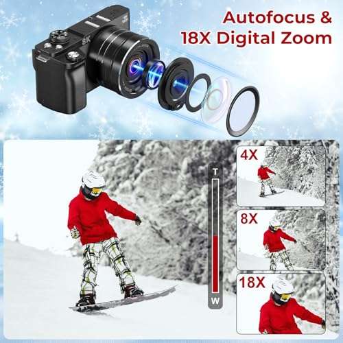 8K Digital Cameras for Photography - WiFi 88MP Autofocus Vlogging Camera for YouTube with 3" 180° Flip Screen - UHD Video Camara Gifts for Beginner Photographer with 18X Zoom, Lens Hood, 64GB Card 4