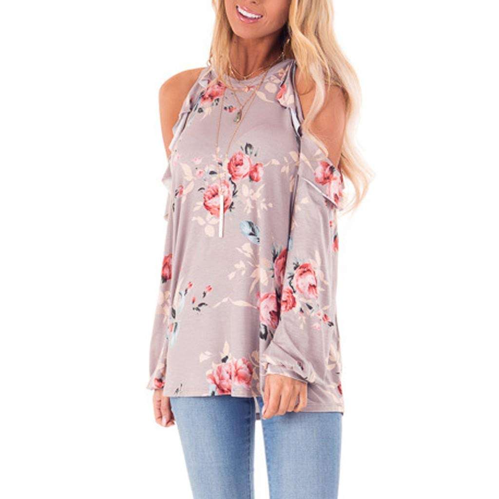 Floral Printed Tops for Women, Ruffle Off Shoulder Long Sleeve o-Neck Tunic Tops Retro t-Shirts Casual Blouses(Pink, L) 3