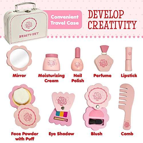 Dragon Drew Wooden Toy Beauty Set – 10 Piece Kit - Girls Salon Set with Makeup, Brush, Mirror and Cosmetics Case - 100% Natural Wood, Nontoxic Paint, Smooth Edges 2