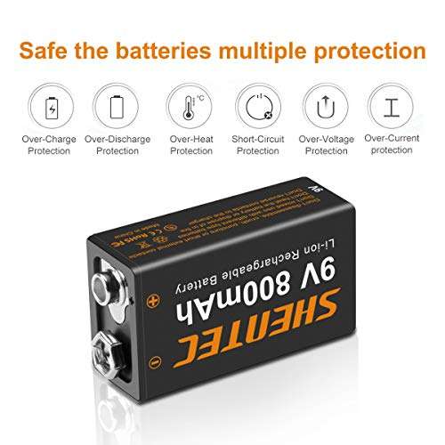 Shentec 9V Rechargeable Lithium Batteries, 800mAh Low Self-Discharge Square 9 Volt LithiumBattery for Alarms, Wireless Microphones, Smoke Detectors, Toys, Flashlights and More(4-Pack) 3