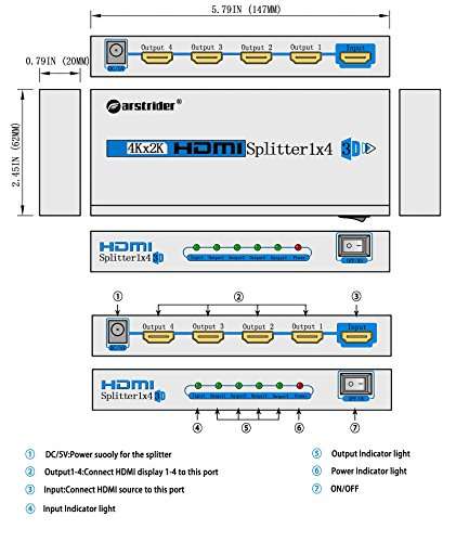 4K HDMI Splitter 1 in 4 Out, Farstrider 4K HDMI Splitter Switcher Intelligent Hub 4K Full HD 1080P 3D Compatible for TV PC Laptop Xbox 360 one, PS4 PS3,Nintendo Switch, Roku Fire Stick, Blu-ray player 5